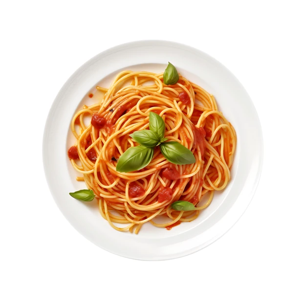 Spaghetti with tomato sauce and fresh basil on white plate