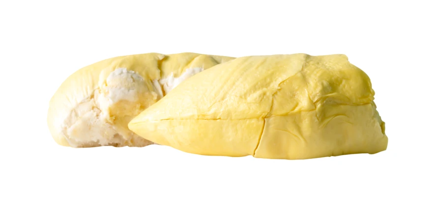 Two pieces of fresh yellow durian flesh on white background