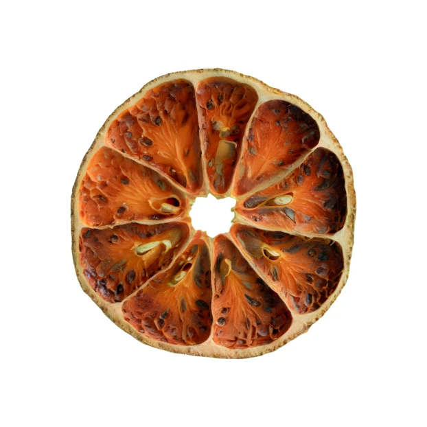 Dried bael fruit slice isolated on white background