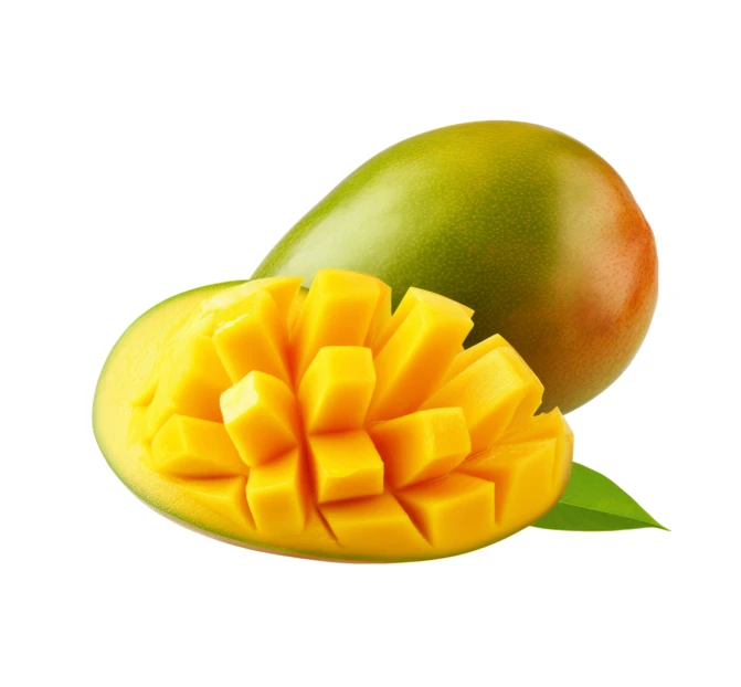 Fresh mango fruit and sliced cubes isolated on white background