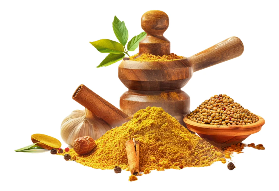 Assorted Indian spices with wooden mortar and pestle