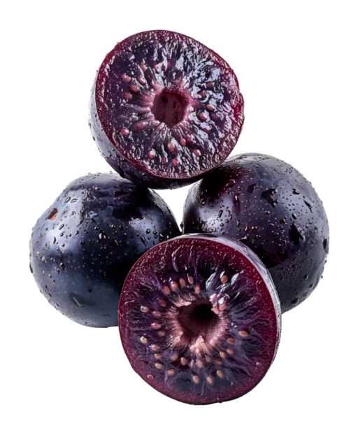 Fresh purple kiwi berries halved and whole on white background