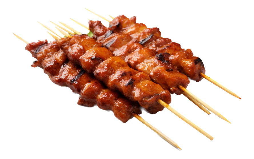 Grilled glazed meat skewers isolated on white background