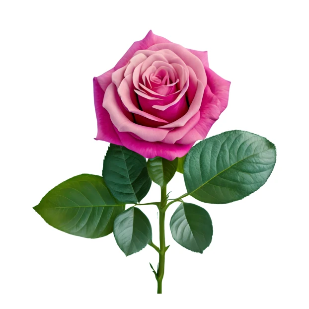 Single pink rose with green leaves isolated on white
