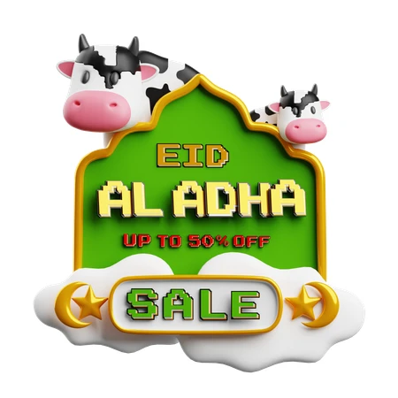3D Eid Al Adha sale banner with cartoon cows
