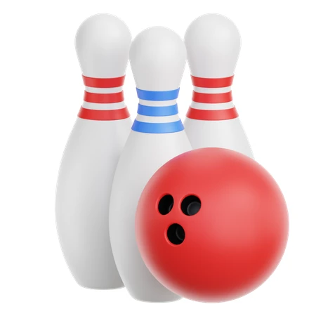 Red bowling ball and three bowling pins on white background