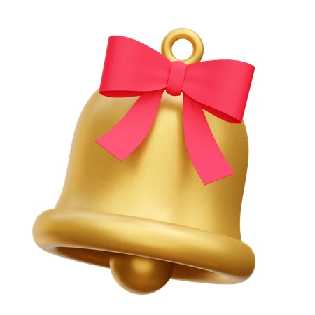 3D golden Christmas bell with a red ribbon bow