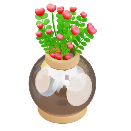 3D illustration of heart-shaped pink flowers in glass vase