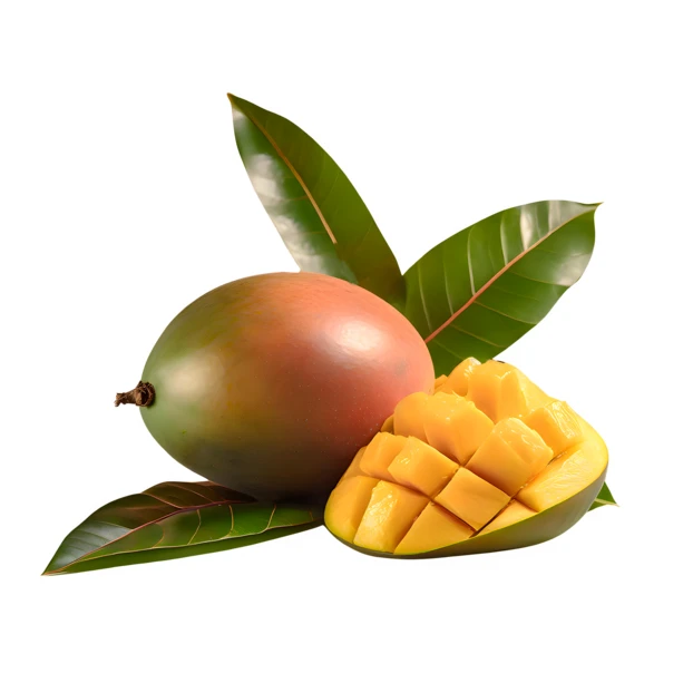 Fresh whole and sliced mango with leaves on white background