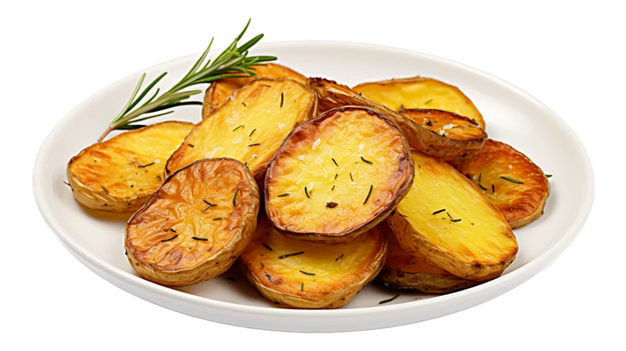 Roasted potato slices with rosemary on a white plate