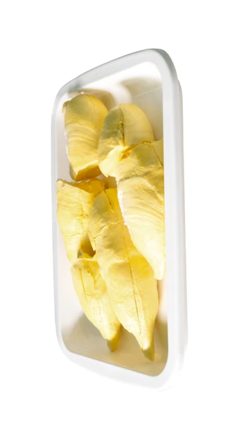 Fresh durian fruit segments in white packaging tray