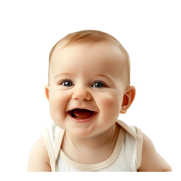 Happy smiling baby close-up portrait on white background