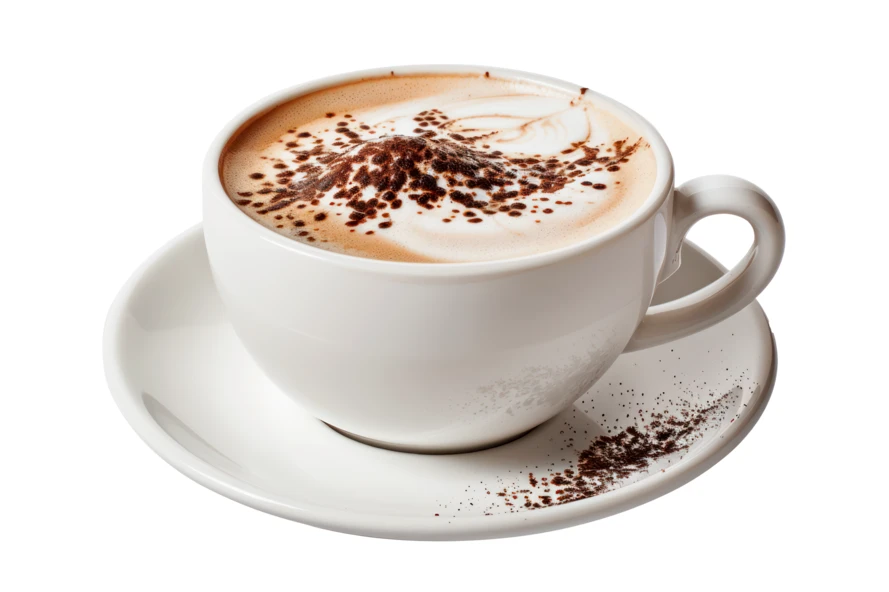 Cappuccino in white cup with cocoa powder isolated on white