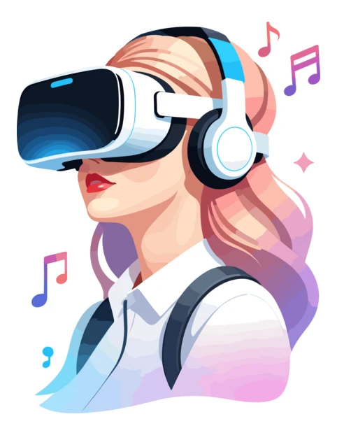 Young woman wearing VR headset and headphones with musical notes