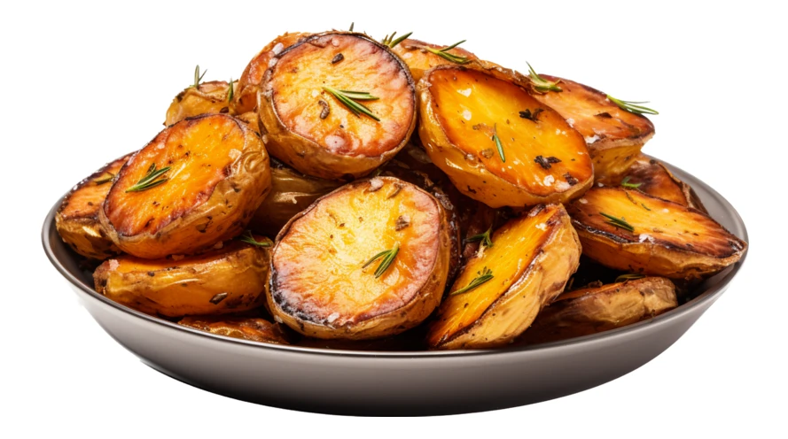 Bowl of golden roasted potatoes seasoned with fresh rosemary