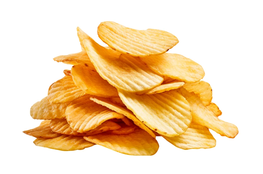 Stack of ridged potato chips isolated on white background