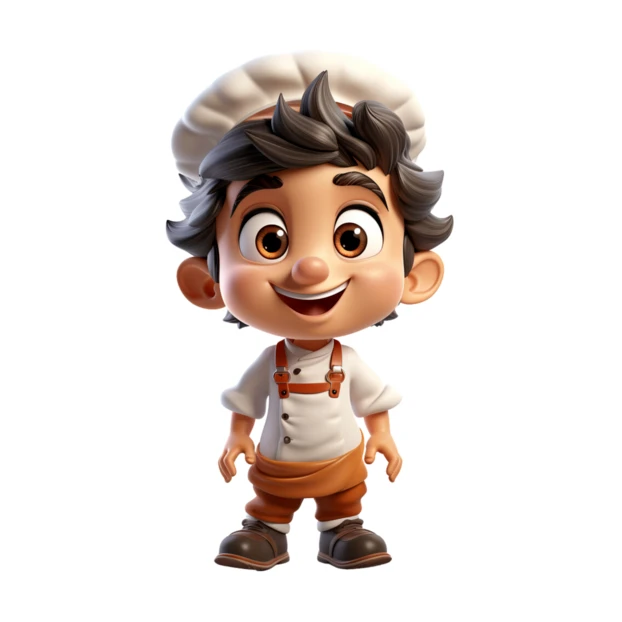 3D cartoon character of a happy young boy chef