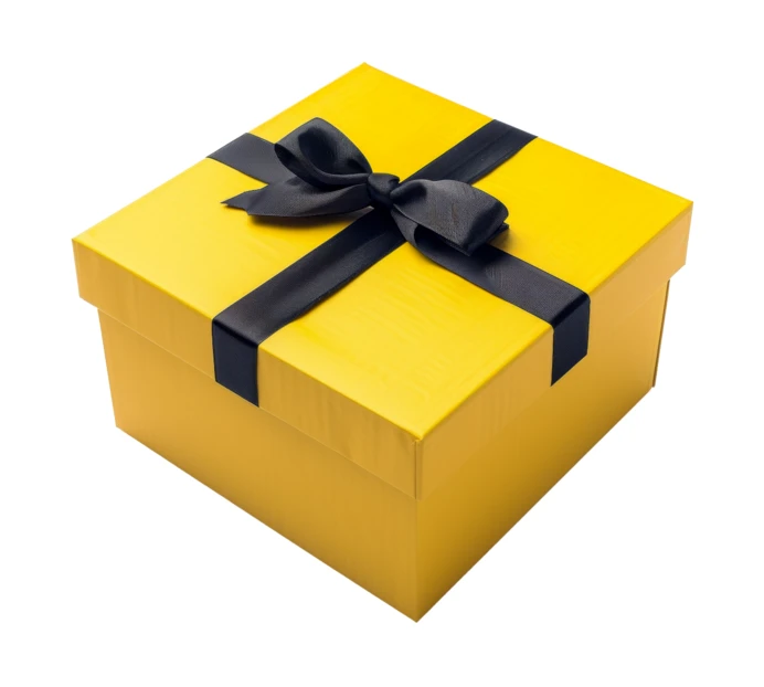 Yellow gift box with black ribbon isolated on white background