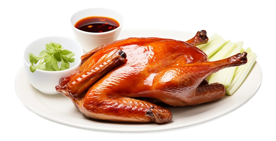 Chinese style roasted duck with dipping sauce and cucumber