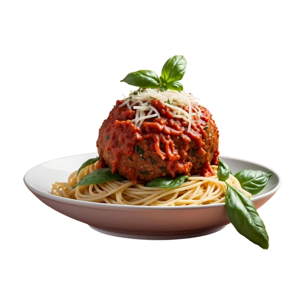 Large meatball over spaghetti with tomato sauce and basil