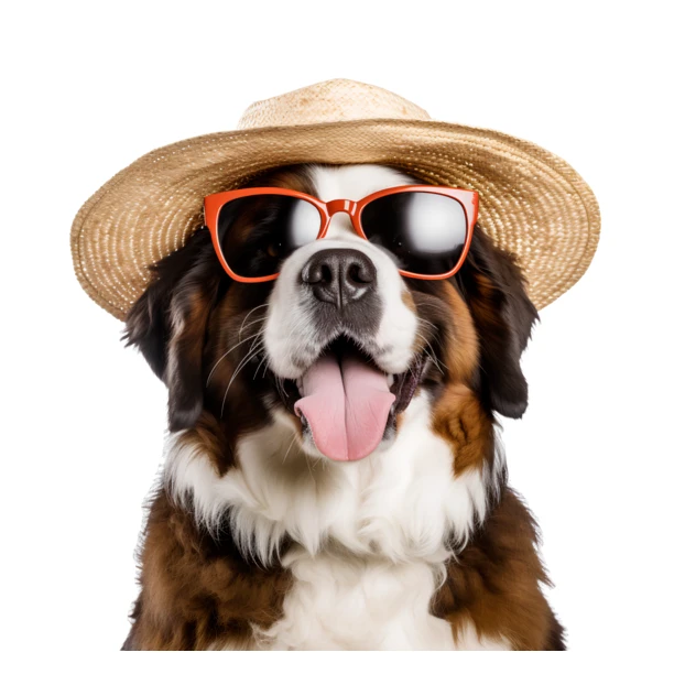 Bernese Mountain Dog wearing sunglasses and straw hat