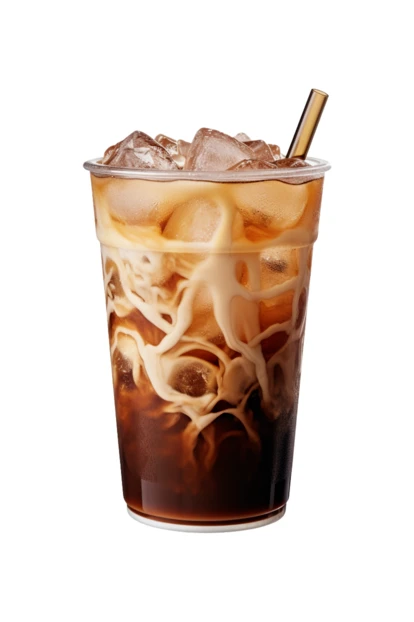 Iced coffee with milk swirls in plastic cup isolated