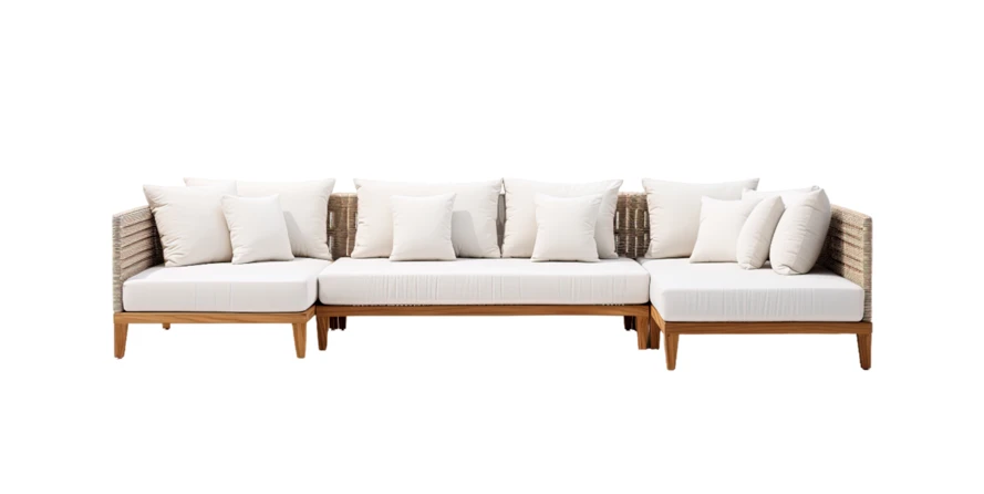 Modern wooden outdoor sectional sofa with white cushions