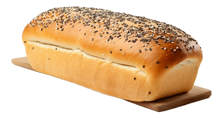 Freshly baked loaf of seeded bread on wooden board
