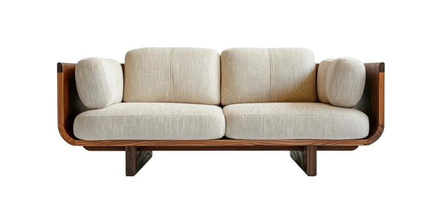 Modern wooden sofa with beige fabric cushions on white