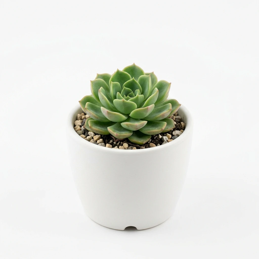 Small green succulent plant in white pot on white background