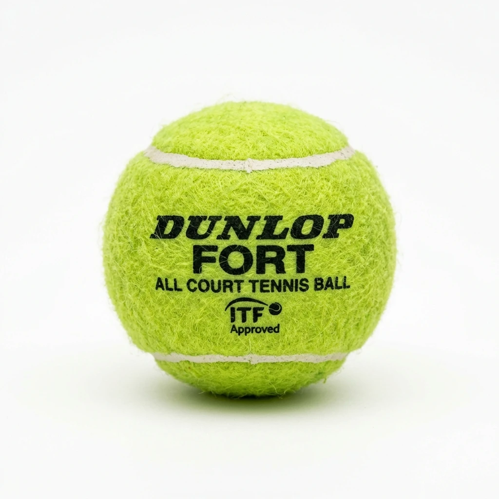 Single yellow Dunlop Fort tennis ball on white background