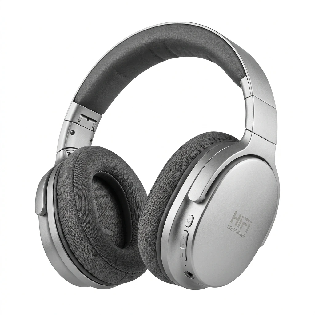 Silver wireless over-ear headphones isolated on white background