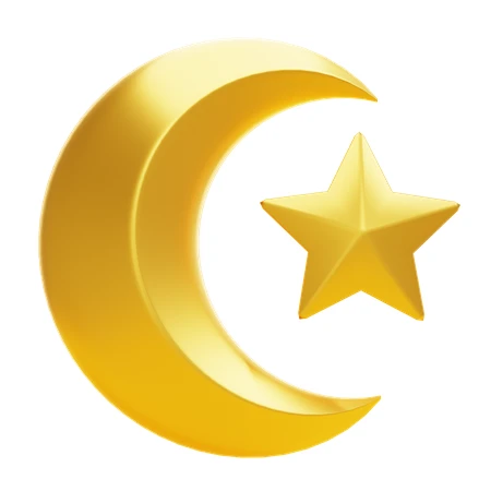 3D golden crescent moon and star symbol on white background