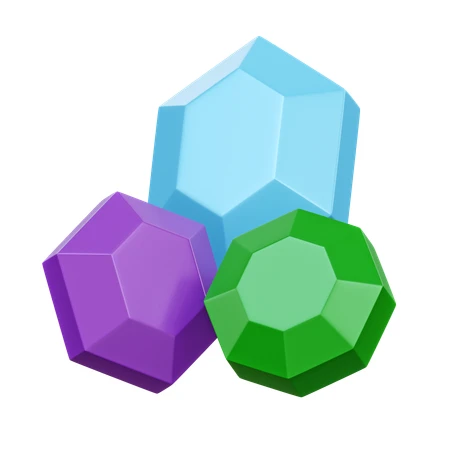 Three colorful stylized 3D gemstones isolated on white