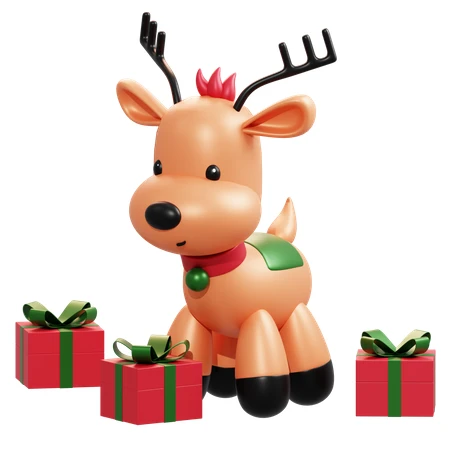 Cute 3D reindeer character with Christmas gift boxes