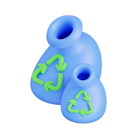 3D blue recycling bags with green eco symbols