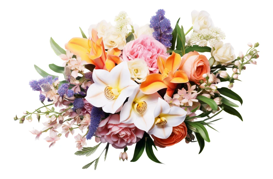 Colorful floral bouquet with lilies and orchids on white background