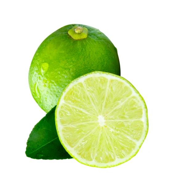 Fresh green lime fruit and slice isolated on white background
