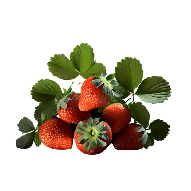 Ripe red strawberries with green leaves isolated on white background