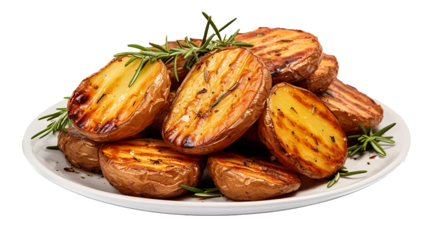 Grilled potato halves with rosemary on a white plate