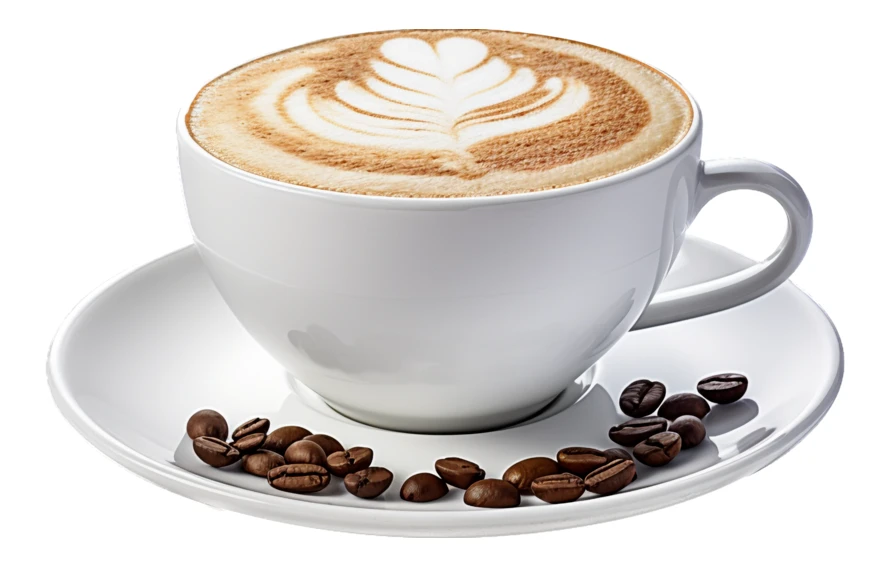 Coffee latte art in white cup with scattered coffee beans