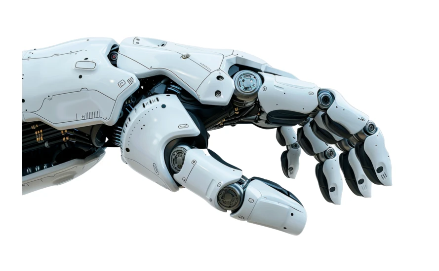 Futuristic white robotic hand isolated on white background