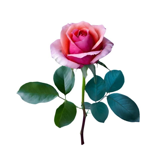 Single pink rose with stem and leaves on white background