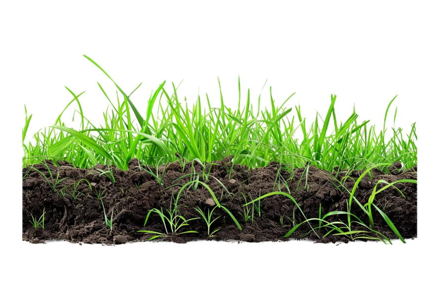 Green grass growing in soil isolated on white background