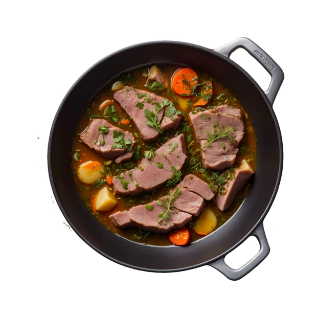 Hearty beef stew with vegetables in a black cooking pot