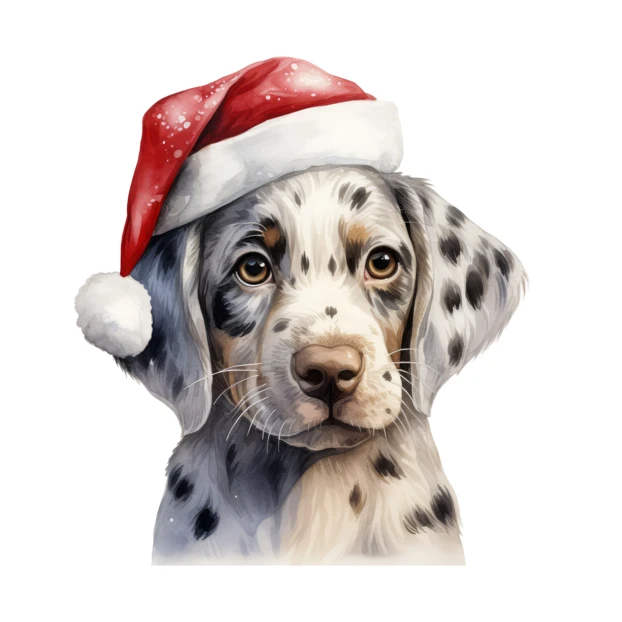 Spotted puppy wearing a red Santa hat illustration