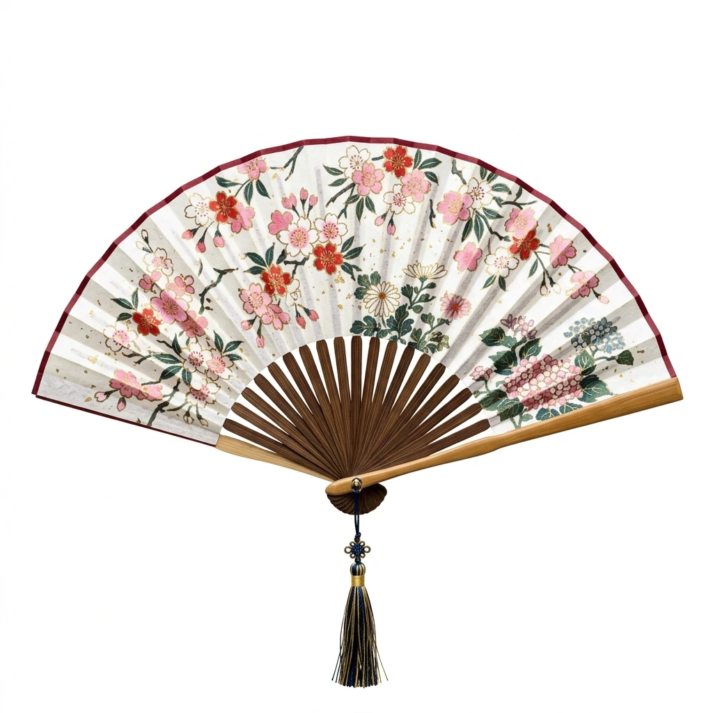 Traditional floral folding fan with tassel on white background