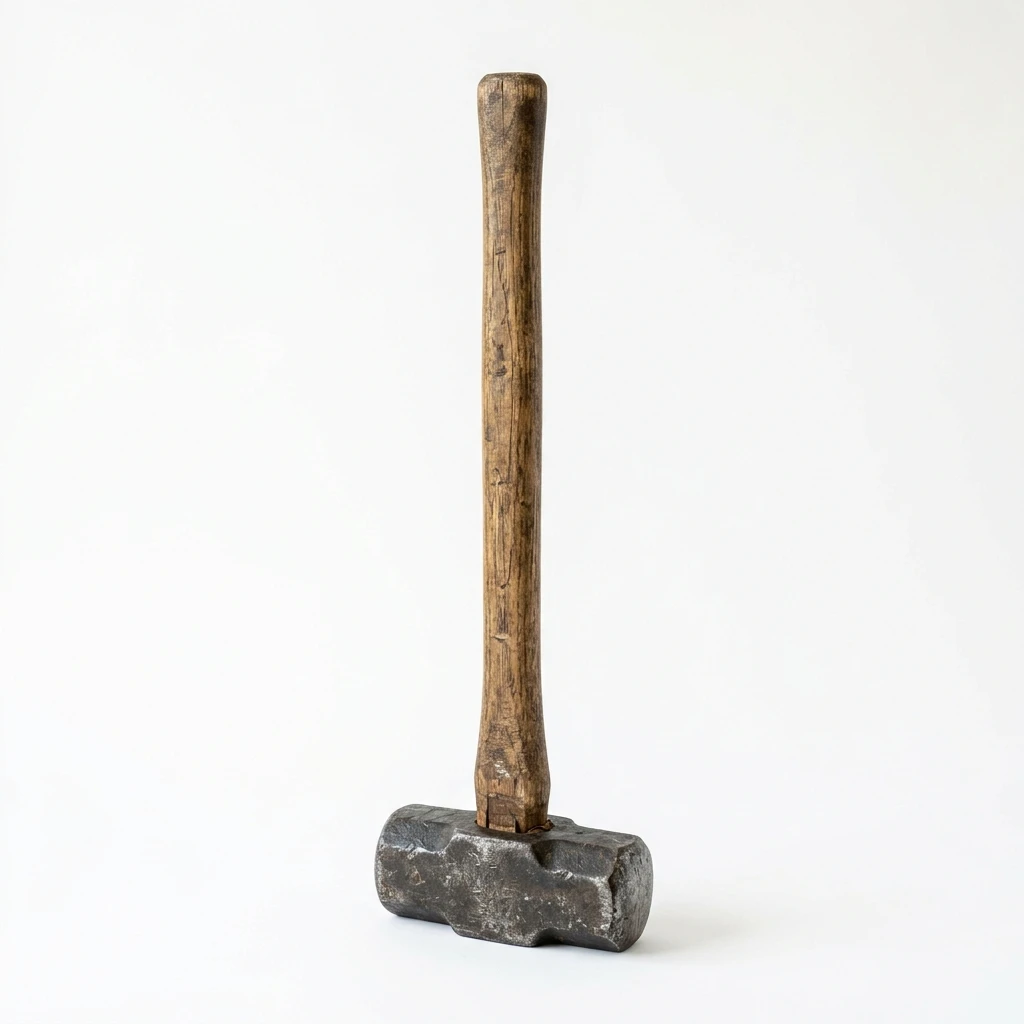 Old sledgehammer with wooden handle standing on white background