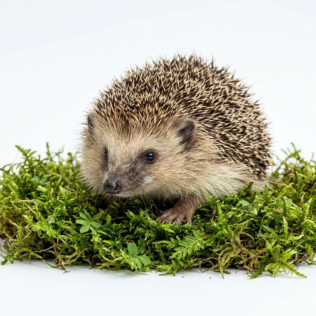 European hedgehog on green moss against white background