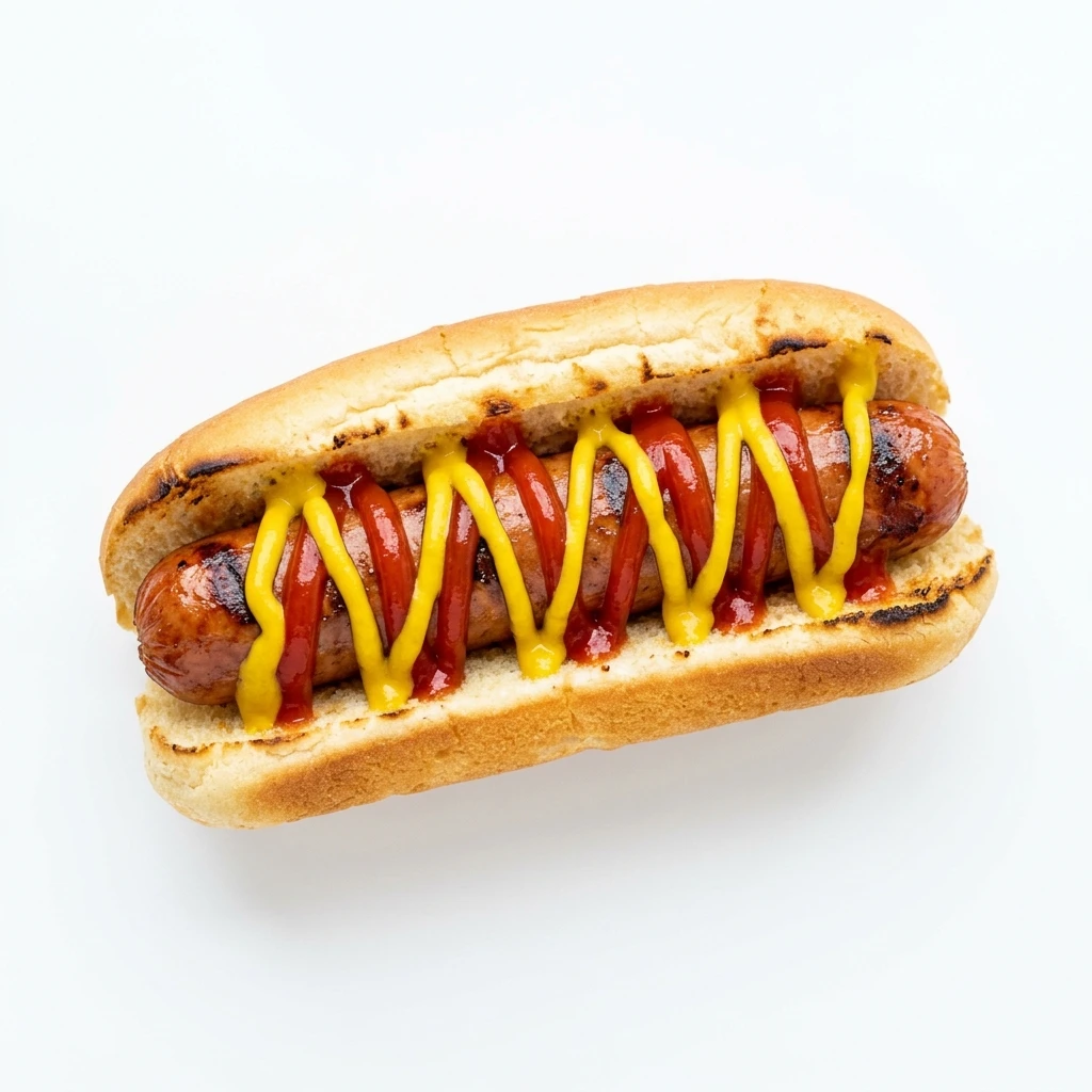 Grilled hot dog with mustard and ketchup on white background